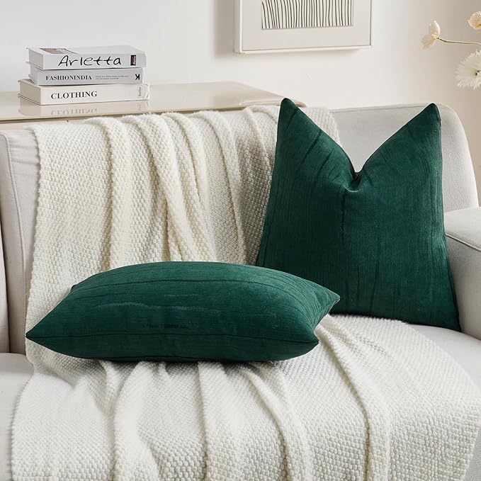 FUTEI Dark Green Chenille Decorative Throw Pillow Covers 26x26 Inch Set of 2,Soft Embossed Striped Textured Euro Pillow Shams,Modern Home Decor for Couch Bed Living Room