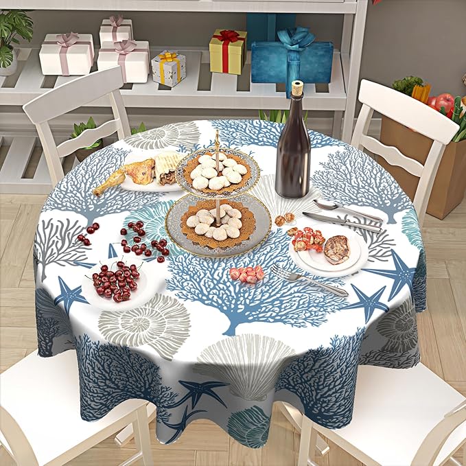 Kawani Nautical Coastal Tablecloth Round 60 Inch Seashell Beach Round Tablecloth 60 Inch Sea Ocean Summer Circle Tabletop Decor Sea Coral Table Covers for Home Kitchen Dinner Holiday Party Picnic