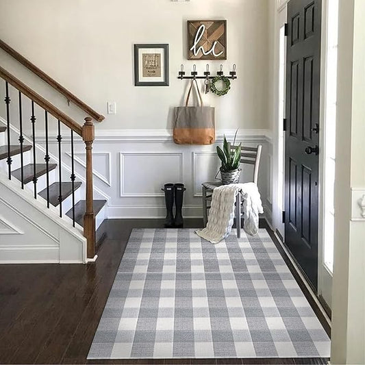 SEEKSEE Cotton Buffalo Plaid Rug 4'x6' Gray and White Checked Rug Washable Doormats Indoor Outdoor Rugs for Layered Front Door Mats, Porch, Kitchen, Farmhouse, Entryway