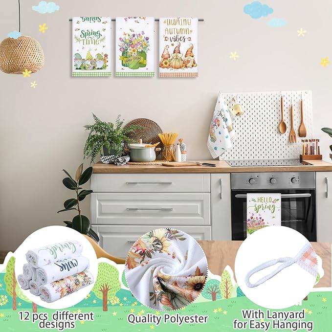 12 Pcs Seasonal Kitchen Towels Set for All Holidays Hand Dish Tea Towels Fall Halloween Christmas Cute Drying Dishcloths Decorative Absorbent Wash Cloths(Seasonal Style)