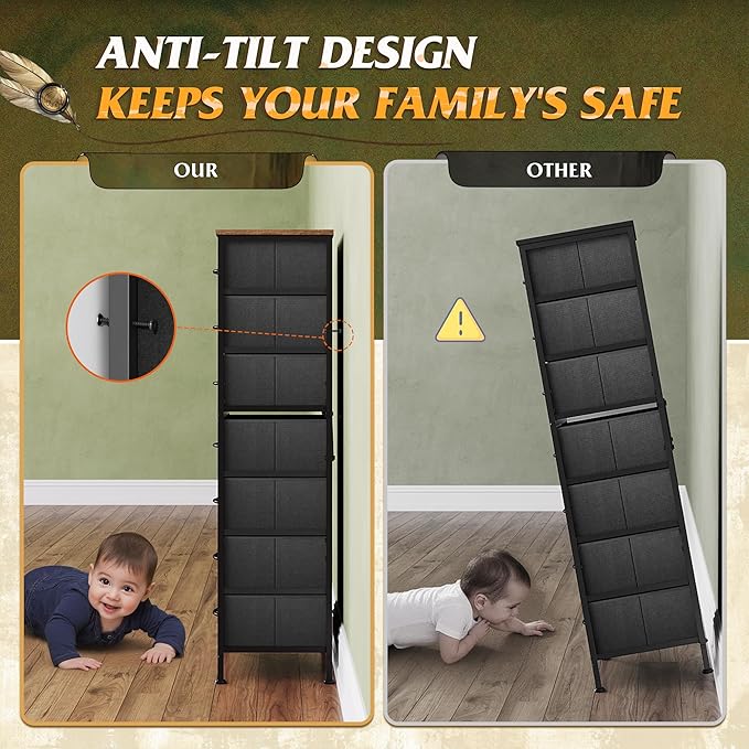 WLIVE Tall Dresser for Bedroom, 7 Drawer Dressers & Chests of Drawers, Fabric Dresser for Closet, Living Room, Night Stand with Metal Frame, Storage Tower with Fabric Bins, Wood Top, Floral Painted