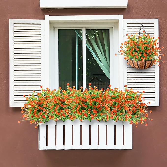 Sggvecsy Artificial Fall Flowers for Outdoors 24 Bundles UV Resistant Boxwood Shrubs Fake Plants for Autumn Harvest Thanksgiving Farmhouse Garden Home Indoor Outdoor Decoration(Orange)