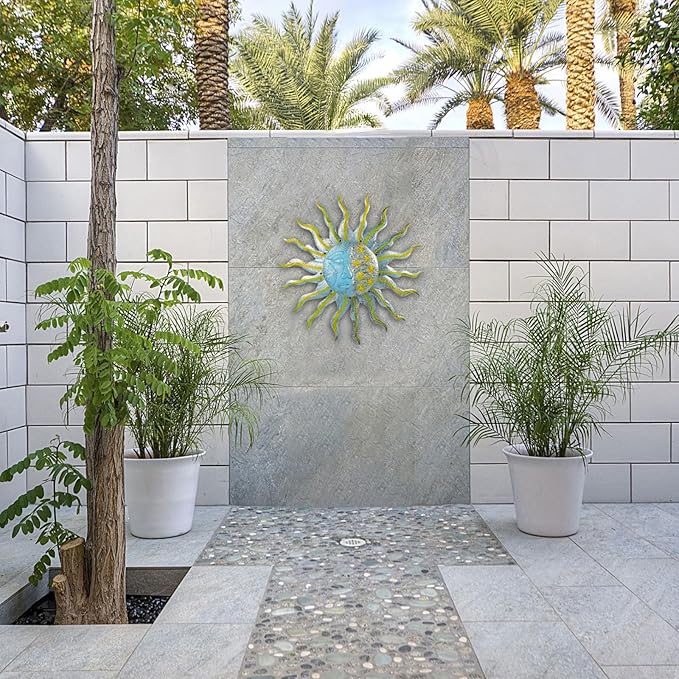 Large Metal Sun Wall Decor Outdoor, 27 Inch Sun and Moon Decor Metal Wall Art, 3D Sun Wall Decor for Patio Garden Yard Fence Bedroom Living Room Decoration