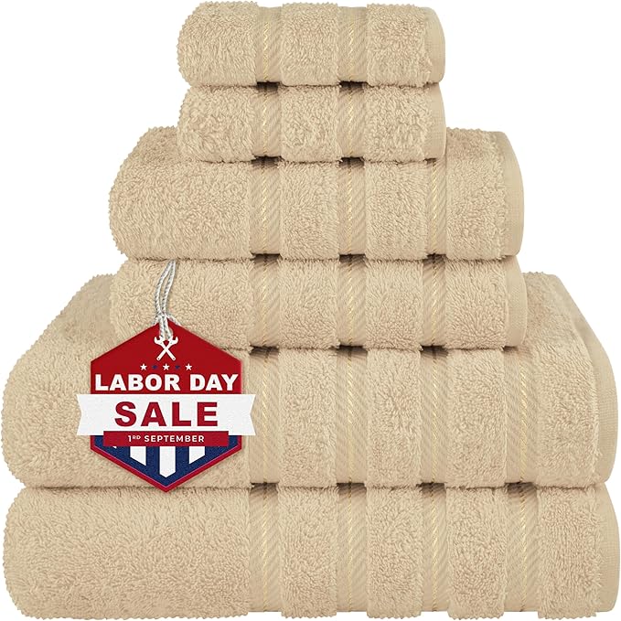 American Soft Linen Luxury 6 Piece Towel Set, 2 Bath Towels 2 Hand Towel 2 Washcloths, 600 GSM 100% Cotton Turkish Towels for Bathroom, Beige Towel Sets