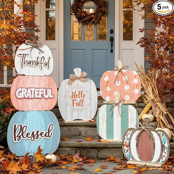 Bucherry 5 Set Fall Porch Decoration Pumpkin Wood Porch Standings Thankful Grateful Blessed Hello Fall Welcome Sign Decor with Base for Thanksgiving Festival Home Front Door Garden(Morandi Style)