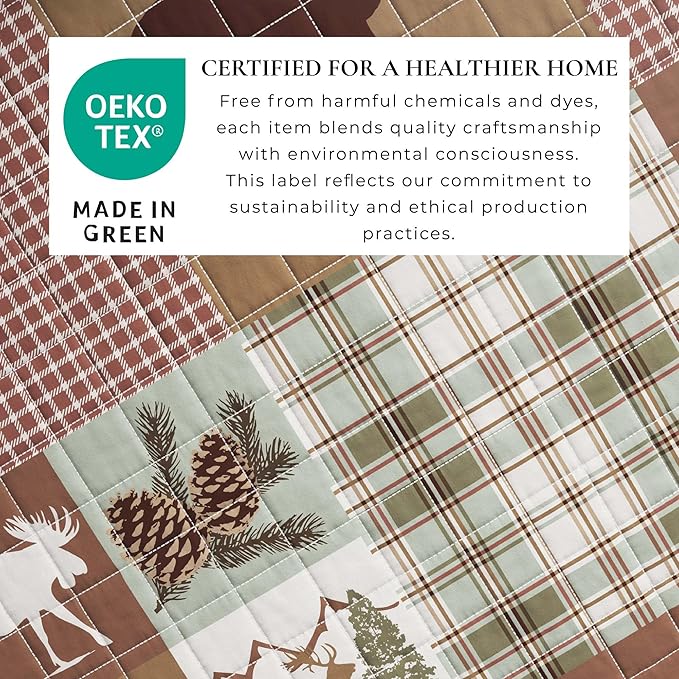 Rustic Cabin Full/Queen Size Quilt Set with Shams - All-Season, Lightweight, Reversible Bedspread - Lodge-Themed Summer Bedding Sets (Full/Queen, Hemlock Green/Brown)
