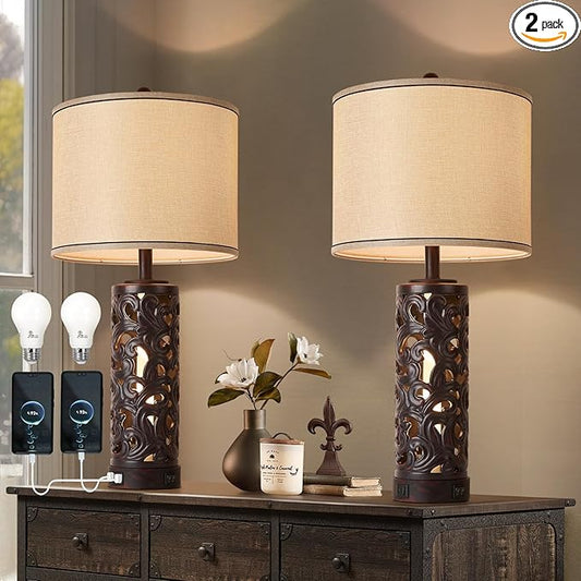 AIDENOEY Set of 2 Table Lamps with Night Light, 28" Farmhouse Table Lamp with USB A+C Ports,Brown Ceramic Bedside Lamp with Fabric Shade for Living Room,Bedroom,Home,Office(2 Bulbs Included)