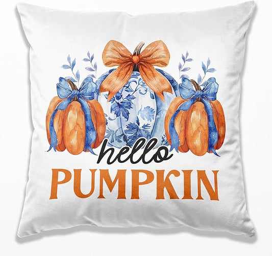 Chinoiserie Fall Pumpkin Pillow Covers 18x18,Autumn Decor,Blue and White Orange Chinoiserie Pumpkin Decorative Throw Pillow Covers for Home Bedroom Living Room