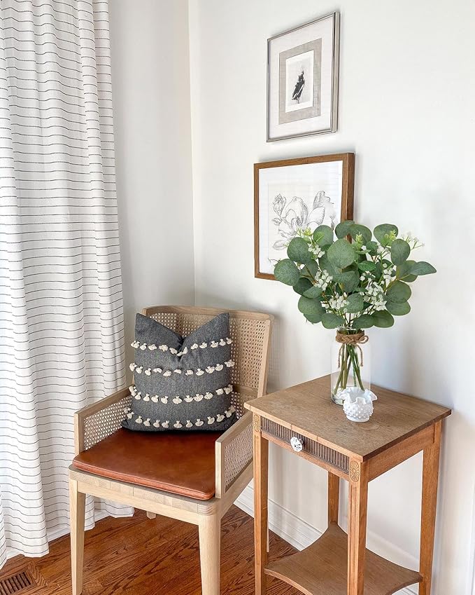 Artificial Eucalyptus Stems with Baby Breath Flowers in Glass Vase with Faux Water, 14" Fake Plant Eucalyptus Leaves for Home Farmhouse Wedding Centerpiece Bathroom Décor