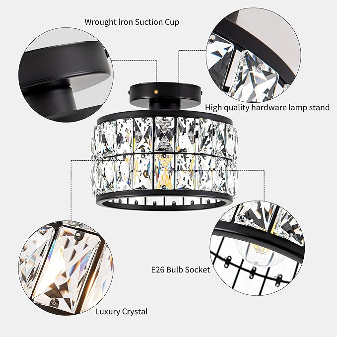 Crystal Ceiling Light Fixture, Modern Semi Flush Mount Ceiling Light,Crystal Chandelier for Kitchen Bedroom Bathroom Entryway, Black Finish