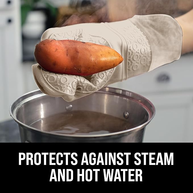 BPA-Free Silicone Oven Mitts Ultra Heat Resistant up to 500°F - Oven Mitts with Thick Cotton Liner - Long Slip Resistant Pot Holders, Flexible Oven Gloves - Beige 14.7