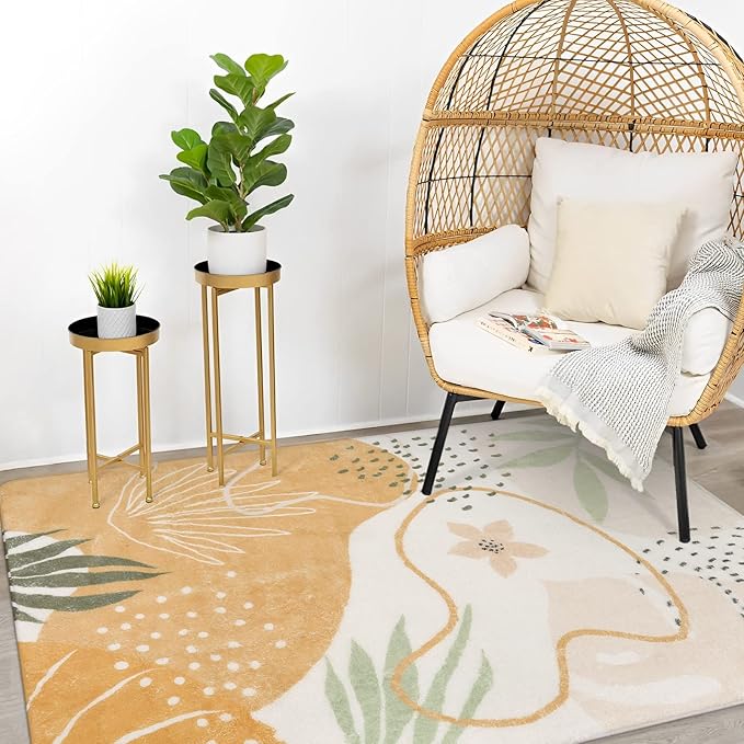 Lahome Boho Washable Rugs for Living Room - 3x5 Non-Slip Small Bedroom Area Rug Throw Soft Nursery Kids Room Rug Low-Plie Botanical Print Capet for Kitchen Entryway Office Bath Laundry Dining Room