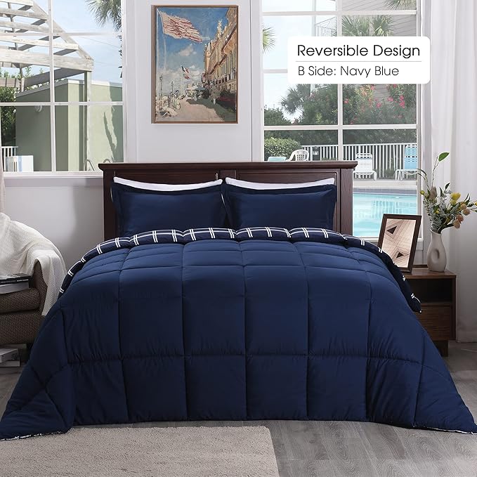 Basic Beyond King Comforter Sets 3 Piece Double-Line Plaid Lightweight Microfiber Down Alternative Comforter for All Season (1 Grid Comforter with 2 Pillowcases, Navy/White)