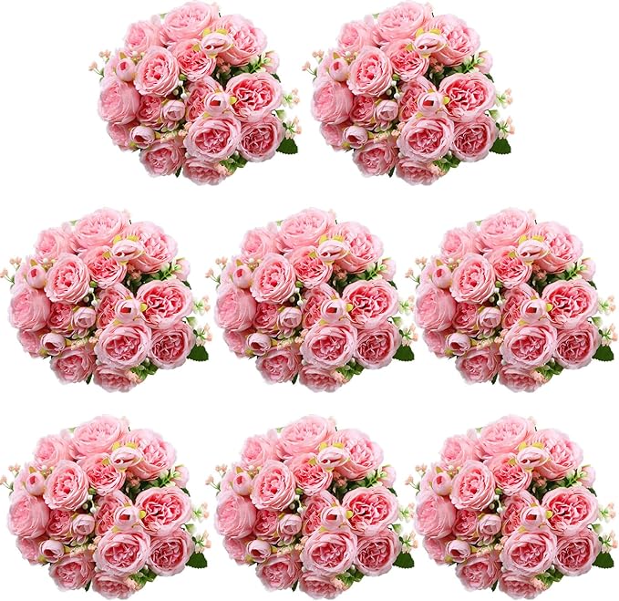 Geosar 8 Bundles Artificial Peonies Flowers Fake Silk Peony Bouquet Faux Peonies Flowers Bulk for Decoration Vase Florals Arrangements Wedding Party Table (Pink)