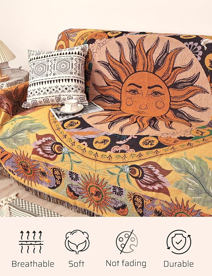 Boho Throw Blanket for Bed Couch Sofa Reversible Cotton Bohemian Travel Boho QuiltMexican Muslin Blanket Tapestry Hippie Room Decor Outdoor Blanket Double Sided (Sun Pattern Yellow 60"x80")