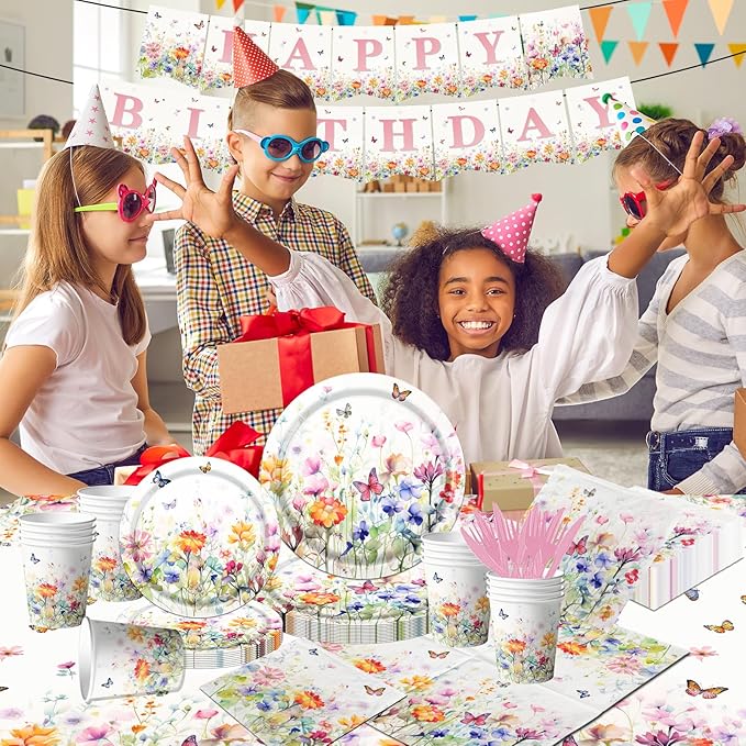 Wildflower Baby Shower Decorations,142Pcs Wildflower Baby in Bloom Plates and Napkins,Tablecloth,Cup Butterfly Floral Theme Table Decorations for Bridal Shower Birthday Party