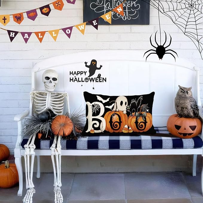 Baccessor Halloween Pillow Cover 12x20 Inch, Black Boo Ghost Spooky Lumbar Pillow Case Halloween Decor for Cushion Sofa Couch Indoor Outdoor Decoration 1 Piece