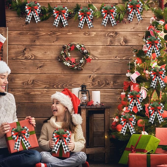 Syhood 6 Pcs Christmas Bows with Pine Cones Pine Needles Xmas Plaid Bows Black White Ribbon Christmas Tree Wreath Decoration for Xmas Parties Indoor Outdoor Crafts DIY Decor