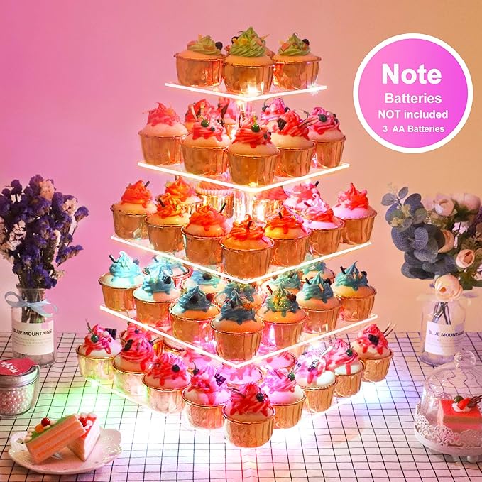 YestBuy Cupcake Stand – 5 Tier Premium Cupcake Holder – Acrylic Cupcake Tower Display – Cady Bar Party Décor – Acrylic Display for Pastry + LED Light String – Ideal for Weddings, Birthday (Colorful)