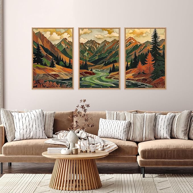 HPINUB Abstract Boho Mountain Framed Canvas Wall Art Set,Vibrant Forest Pine Tree Wall Decor,Textured Landscape Artwork Rustic Linear Scenery Art Print for Living Room,Bedroom,Office-24 x36 x3