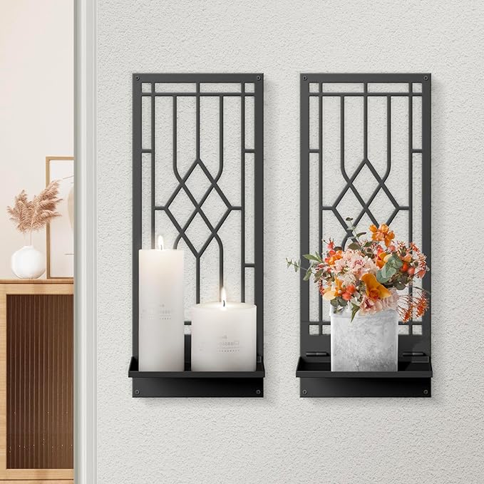 Wall Sconces Candle, Black Metal Wall Decor, Retro Wall Candle Holder for Living Room, Dining Room, Bedroom, Bathroom (2 Pack, 16.5 x 7 in)