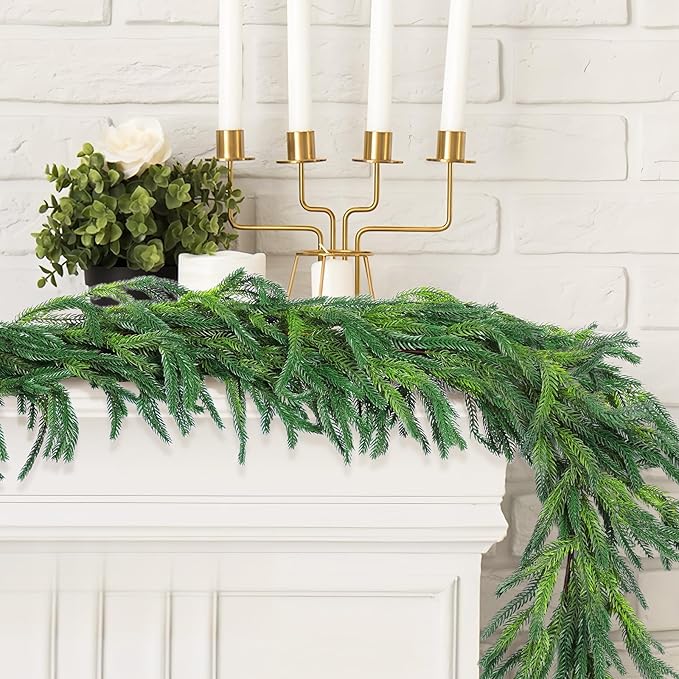 2 Pcs 6 Ft Christmas Norfolk Pine Garlands, Real Touch Faux Pine Garland, Realistic Green Fake Greenery Garland for Christmas Table, Mantle, Wall, Outdoor Holiday Winter Decorations(2, 6 FT)