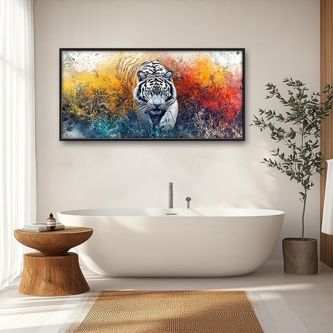 Extra Large Framed Abstract White Tiger Wall Art,Oversized Colorful Cool Tiger Wall Decor,Wild Animal Pictures for Living Room,Canvas Print Painting Modern Artwork Bedroom Office Bathroom 60L x30W