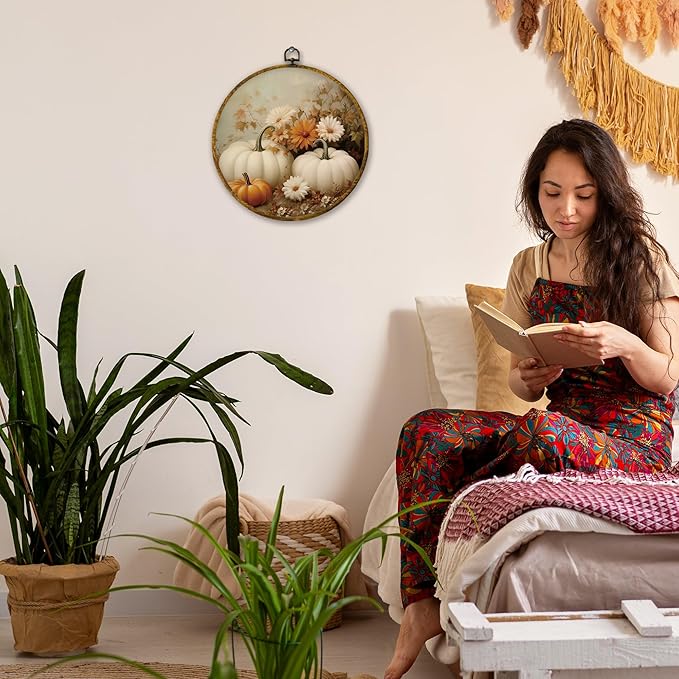 Mcehtle Vintage Fall Pumpkin Wall Art Decor, Retro Autumn Harvest White Pumpkin Floral Framed Canvas Prints 10x10, Rustic Farmhouse Round Wall Hanging Artwork Decorations for Bedroom Living Room Home