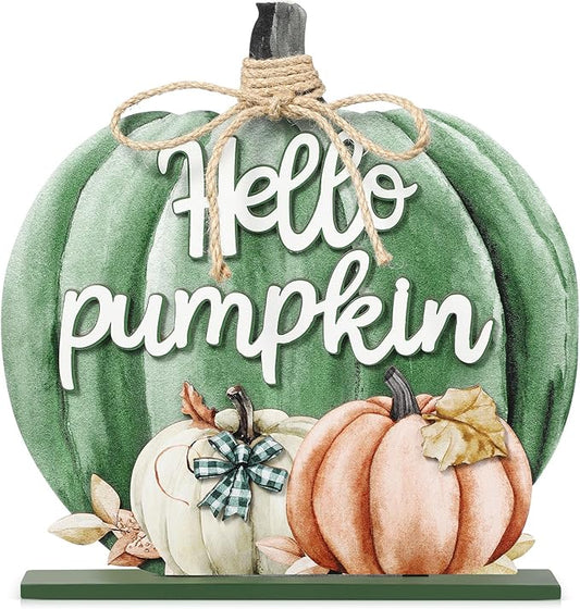 Soaoo Fall Decoration Wooden Fall Hello Pumpkin Sign Autumn Pumpkin Table Decor 11 Inch Wooden Autumn Desktop Ornament for Farmhouse Home Living Room Harvest Day Thanksgiving Decor(Green,Vivid)
