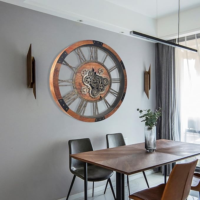 DORBOKER 40'' Large Wall Clock Real Moving Gears Oversized Industrial Solid Wood Rusic Farmhouse Clocks for Living Room Wall Decor Home Office, 40 inch 101cm, Brown and Vintage