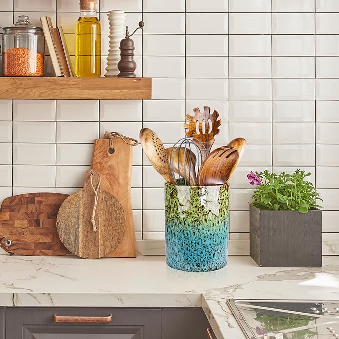 Utensil Holder, Ceramic Kitchen Utensil Holder for Countertop, Large Cooking Utensil Crocks for Kitchen Counter, Morden Utensil Organizer for Spatula, kitchen Decor,Green & Blue