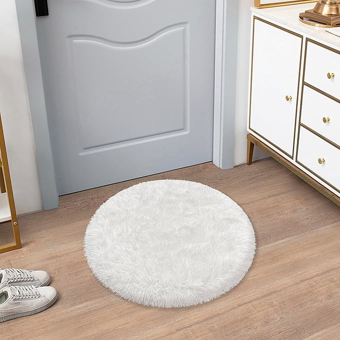 Tie Dye White Round Rugs Small 2x2 ft Fluffy Circle Rug Furry Carpet Shaggy Circular Fuzzy Plush Area Rug for Girls Bedroom Kids Room Nursery Cute Room Decor Chair Cushion Pet mat Doormat