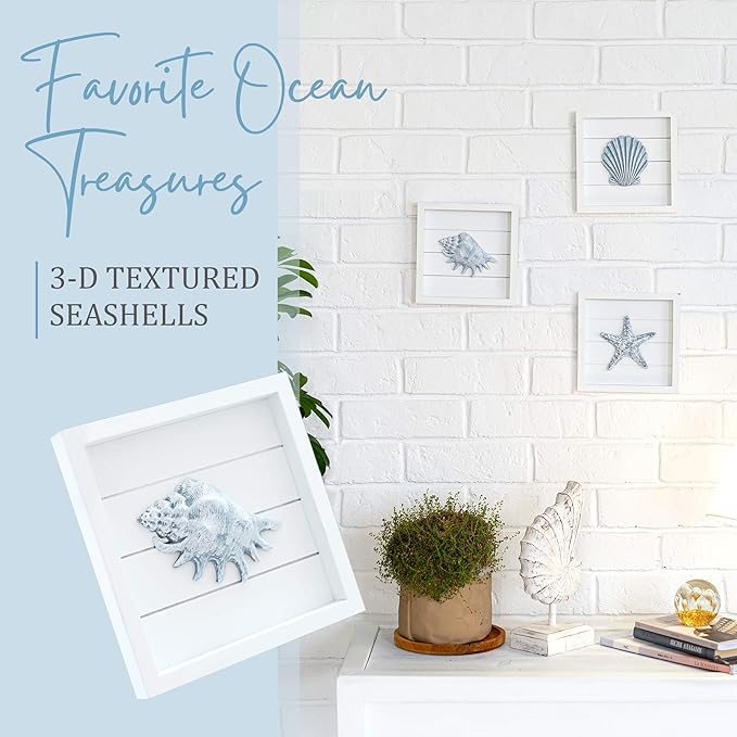 TideAndTales Blue Seashells and Starfish (Framed Set of 3) Coastal 3D Wall Art, Beach Wall Decor for Bathroom or Coastal Bedroom, Ocean Inspired Seaside Decorations for Home or Beach House (7"x7")