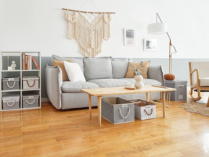 LoforHoney Home Fabric Storage Bins with Lids for Organizing, Foldable Closet Storage Boxes for Shelves, Clothes Baskets with Cotton Rope Handles, Large, Beige & Brown, 4-Pack