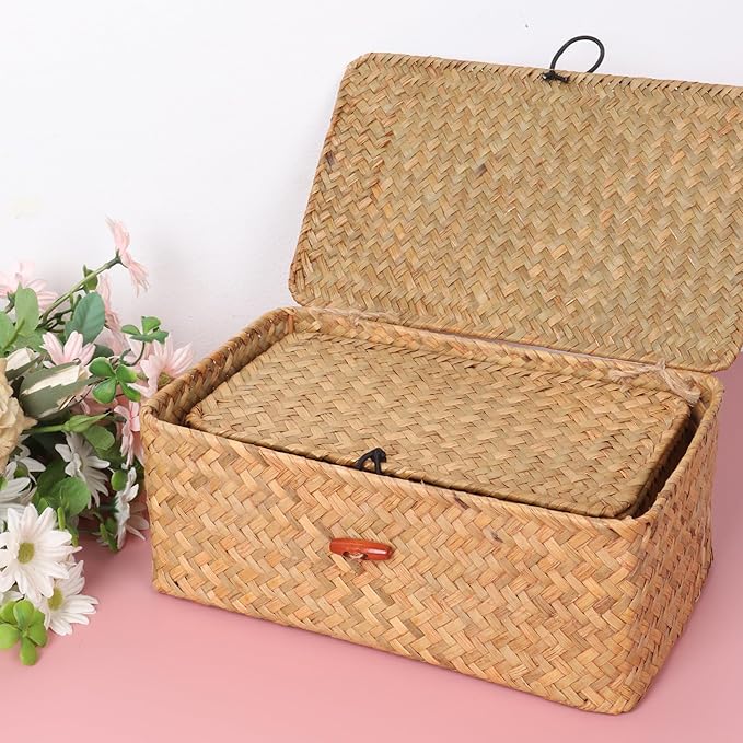 Wicker Shelf Baskets with Lid,Handwoven Seagrass Basket for Storage Basket Bins Rectangular Home Organizer Gift Boxes (Natural Large)