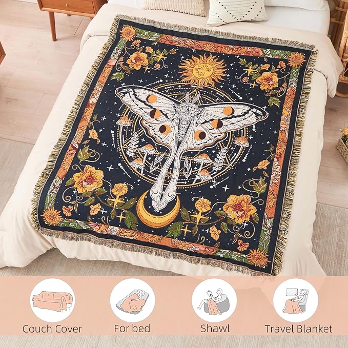 Boho Throw Blanket Reversible Cotton Bohemian Tapestry Hippie Room Decor Outdoor Blanket Double Sided (Black Butterfly 50"x60")