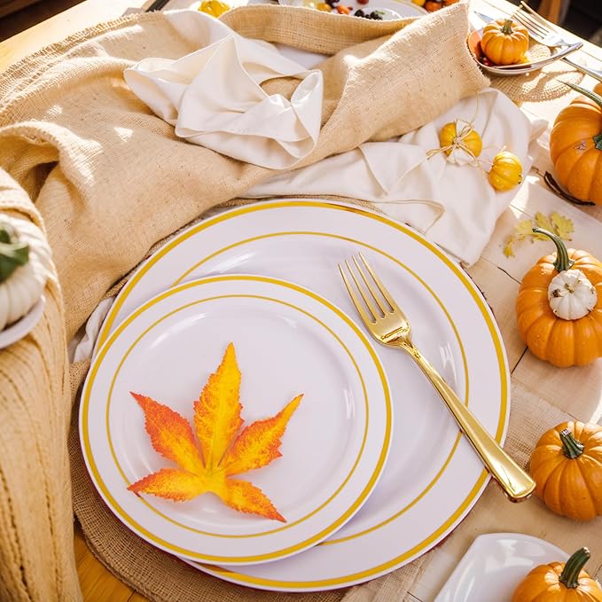 WDF-125 PCS Gold Plastic Plates - White And Gold Plastic Plates Include 25 Dinner Plate, 25 Salad Plate, 25 Forks, 25 Knives, 25 Spoons for Parties/wedding