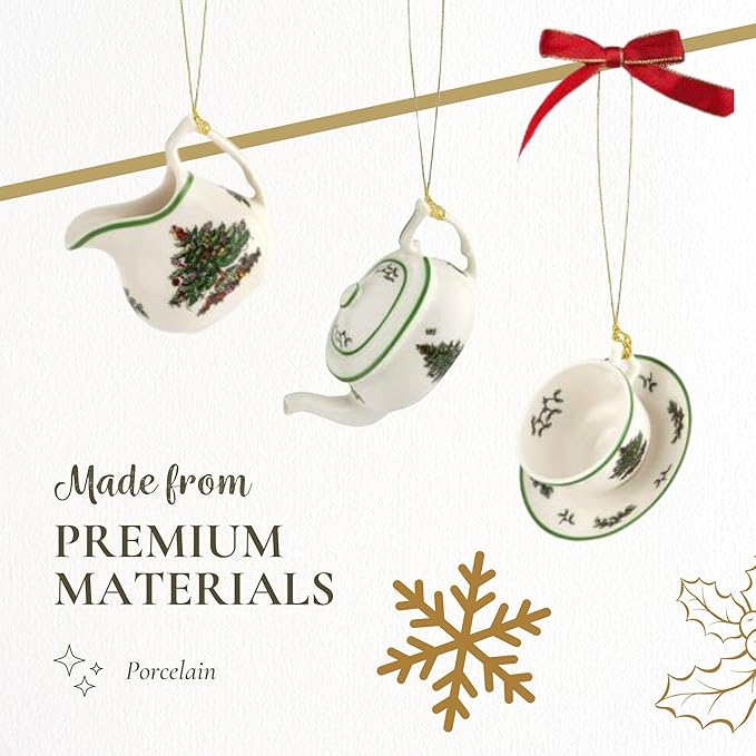 Spode Christmas Tree 3-Piece Tea Set Ornament, Durable Holiday Ornament for Festive Decor & Winter Wonderland Display - Sleek Seasonal Ornaments for Tree, Mantel, Holiday Home Decoration