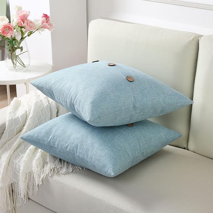 HAUSSY Light Blue Linen Decorative Throw Pillow Covers 16x16 Inch Set of 2,Square Cushion Case with 3 Vintage Buttons,Modern Farmhouse Home Decor for Couch,Bed