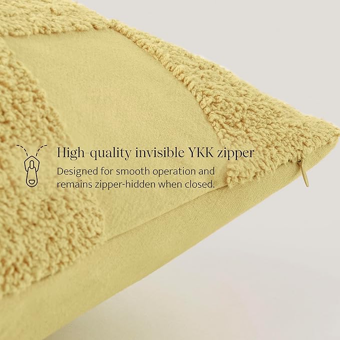 Double Stitch 100% Cotton Throw Pillow Covers - Checkered Tufted Boho Decorative Pillow Covers 20x20, Made in India, Square Cushion Case, Modern Home Decor for Couch, Sofa, Living Room, Lemon Yellow