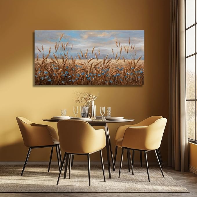 GAIDUOMAI Flowers Wall Art Gold Cornfield Artwork Blue Sky Landscape Wall Decor Vintage Posters for Room Decor 24"x48" Wall Prints for Office Home Bedroom