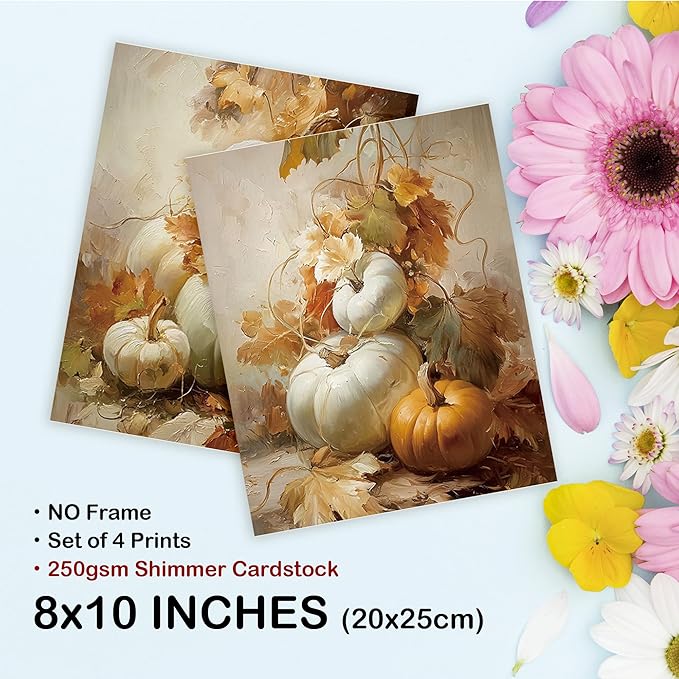 TLESKE Vintage Fall Pumpkin Posters Prints Unframed 8x10 Set of 4, Rustic Farmhouse Cottagecore Wall Art Prints Decor for Bedroom Living Room, Autumn Leaves Thanksgiving Wall Pictures