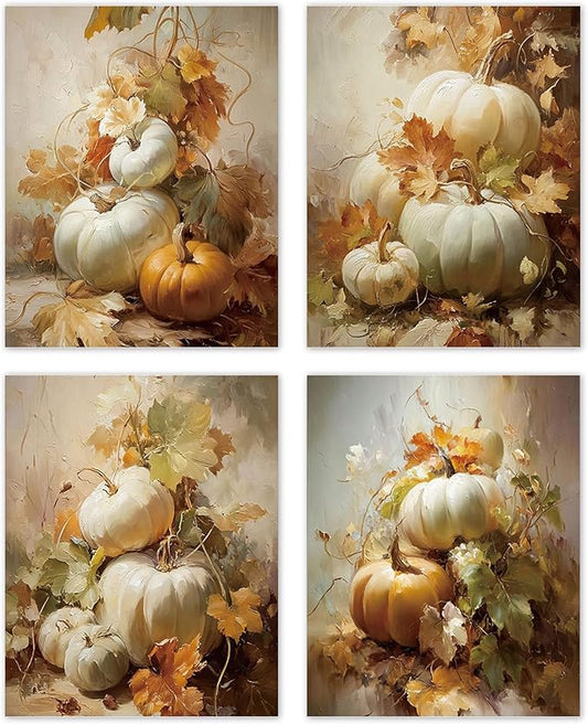 TLESKE Vintage Fall Pumpkin Posters Prints Unframed 8x10 Set of 4, Rustic Farmhouse Cottagecore Wall Art Prints Decor for Bedroom Living Room, Autumn Leaves Thanksgiving Wall Pictures