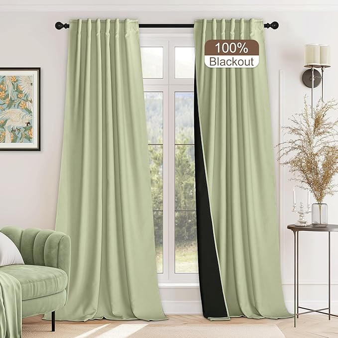 StangH Sage Green Blackout Chenille Curtains 90 inches Long, Heavy Thermal Insulated Noise Reducing Window Drapes Back Tab Elegant Home Decoration for Bedroom, W52 x L90, 2 Panels