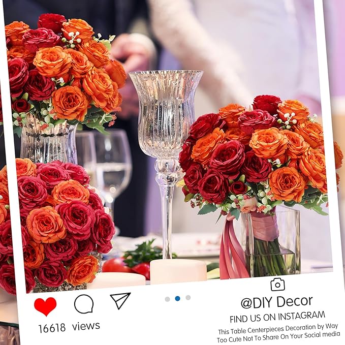 Geosar 16 Bundles Artificial Peonies Flowers Fake Silk Peony Bouquet Faux Peonies Flowers Bulk for Decoration Vase Florals Arrangements Wedding Party Table (Orange,Dark Red)