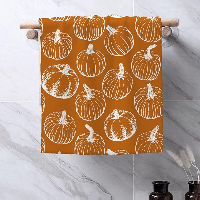 Fall Kitchen Towels 16x24 Inch Burnt Orange Pumpkin Decor Dish Towels Autumn Harvest Thanksgiving Seasonal Decoration Hand Towel Absorbent Dish Cloths for Home Kitchen Dining Set of 2
