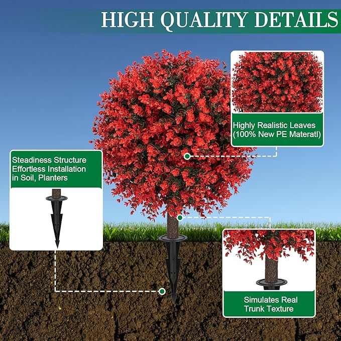 Set of 2 Artificial Red Boxwood Topiary Ball Bush for Outdoor with Ground Spike 22", UV Resistant Faux Greenery Shrubs, Fake Red&Green Boxwood Plants for Garden, Yard, Porch, Patio Decor