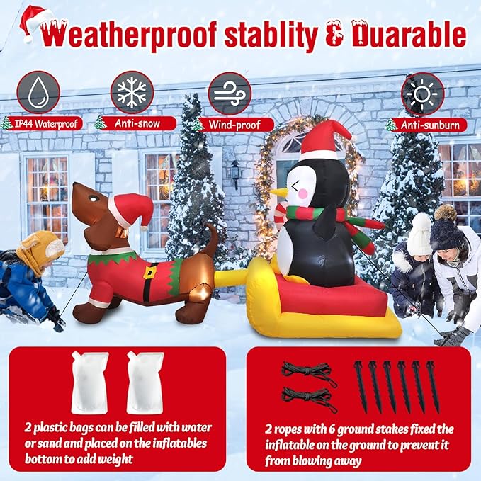 Danxilu 6 FT Long Christmas Inflatable Dog Sled with Penguin Outdoor Decorations- Blow Up Penguin on Dog Sleigh Yard Decorations for Xmas Holiday Indoor Garden Lawn Party Patio Décor