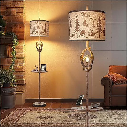 Antlers Style Metal Tray Floor Lamp with Night Light Rustic Standing Lamp with Linen Fabric Shade Farmhouse Vintage Floor Lamp Decor for Living Room Bedroom House Home Office (Bulb Included)