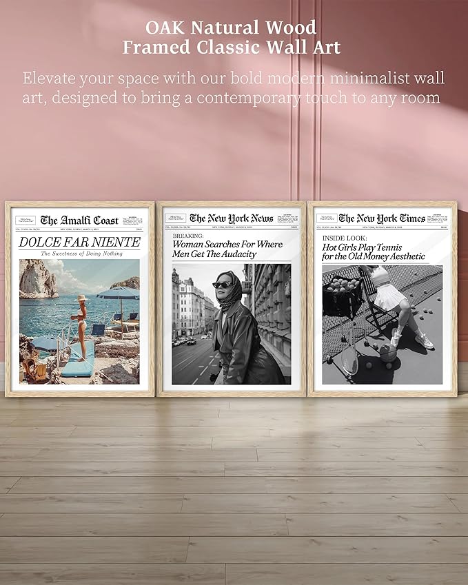 iHery Natural OAK Wood Newspaper Trendy Framed Wall Art, 12x16 in Dolce Far Niente Vintage Headline Canvas Print, La Dolce Vita Italian Summer Wall Art Beige Frame Logs, Home Décor Living Set of 1